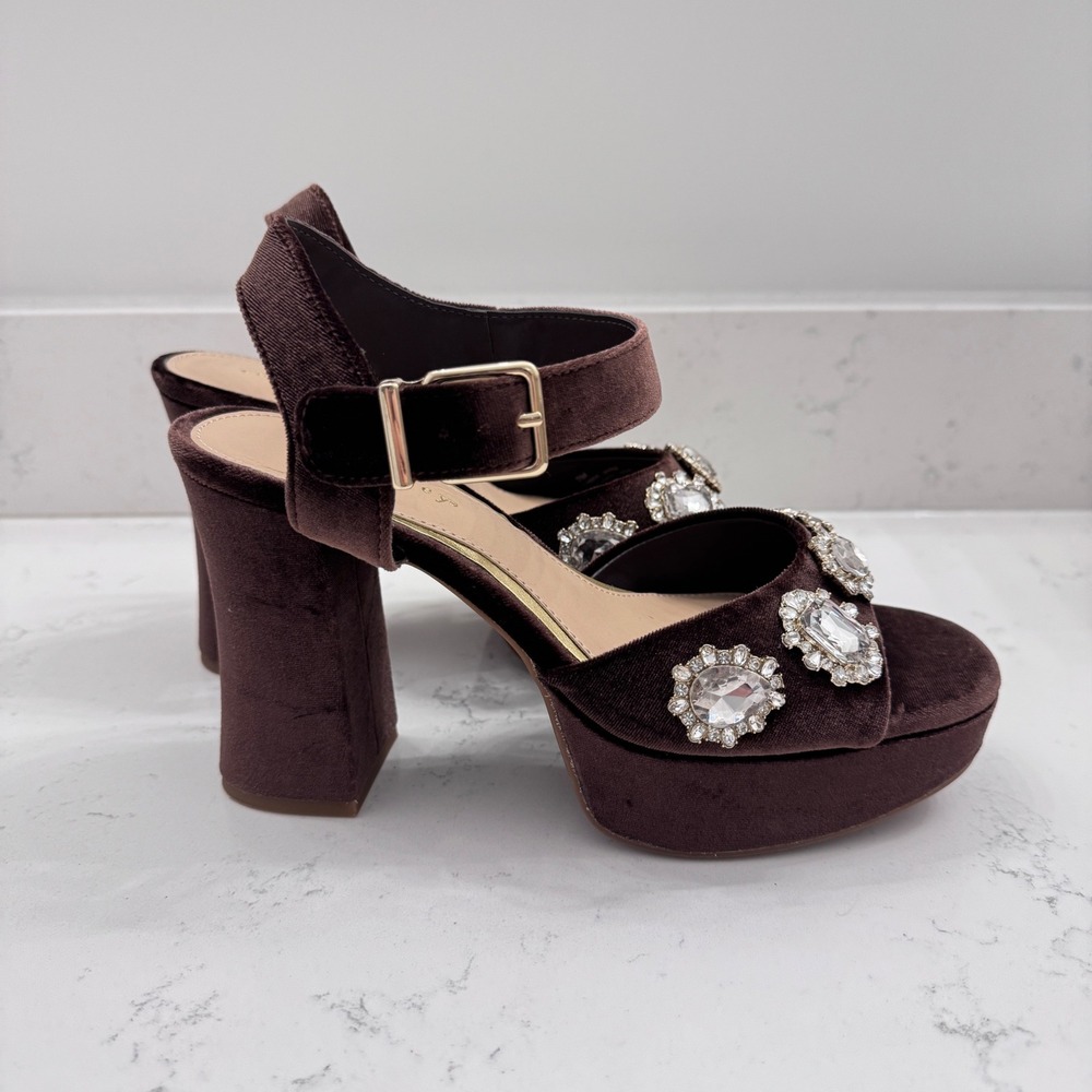 Copper Key Women 7 Platform Sandal Velvet Brown Crystal Embellished Block Heel